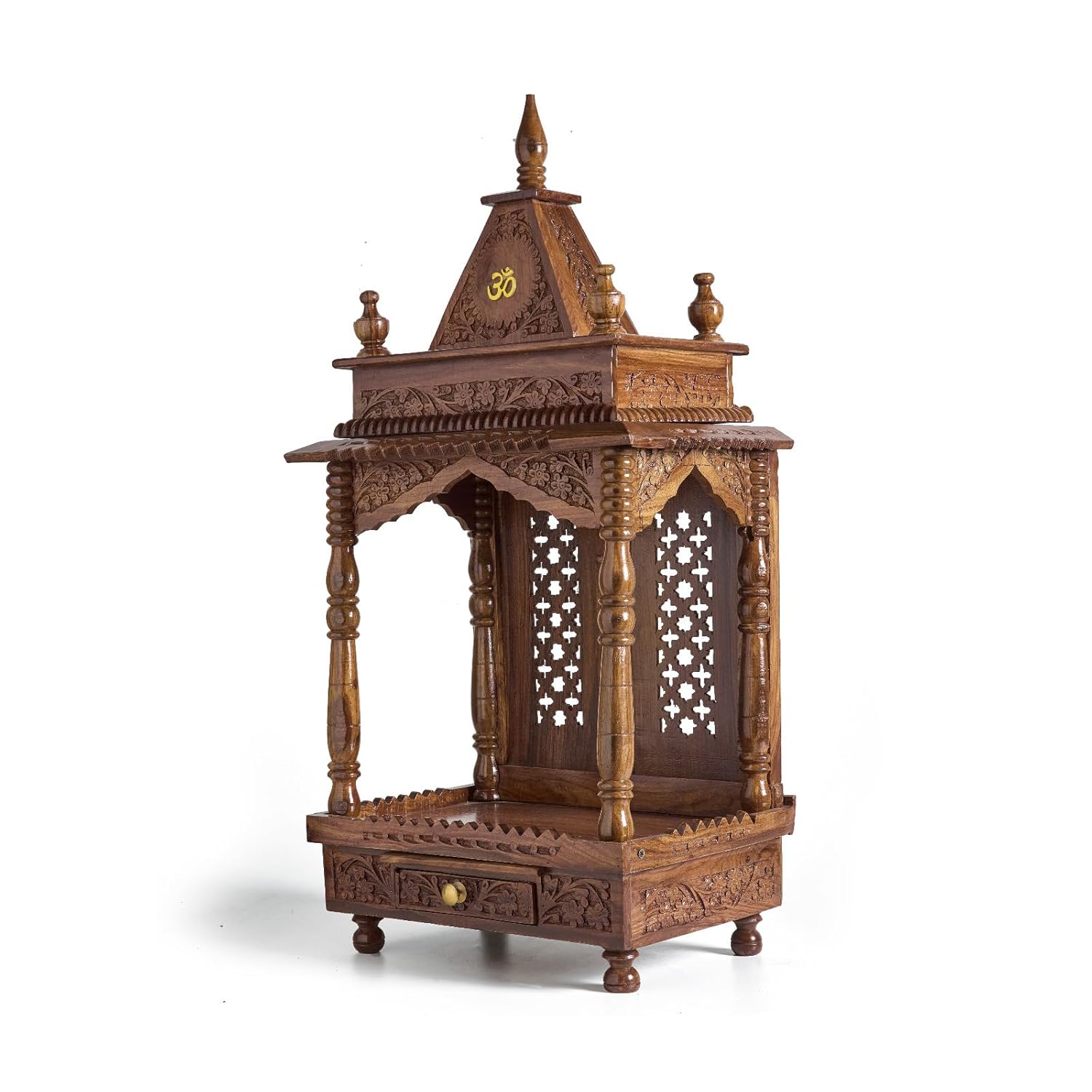 ESPLANADE Beautiful Wooden Mandir for Home, Engraved Temple for Home with Storage Drawer, Puja Mandir Stand, Pooja Items for Pooja Room,Temple for Office, Brown