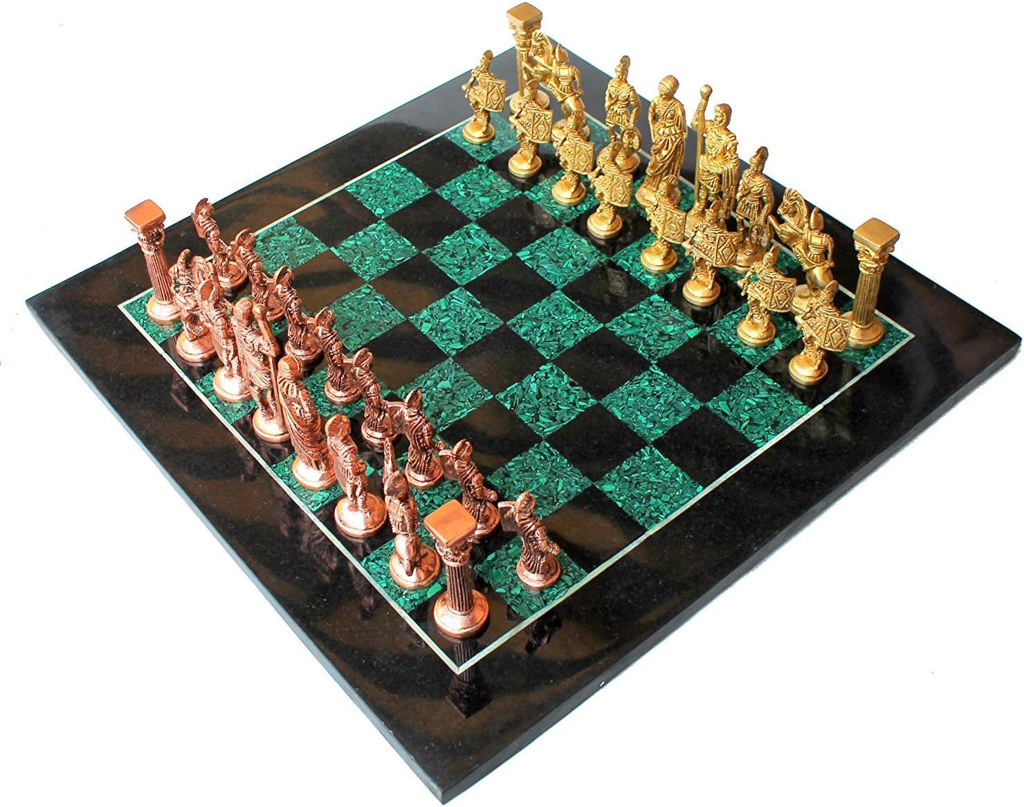 StonKraft Collectible Black Marble and Malachite Chess Board Set + Wooden Brass Combo Chess Pieces - Decorative Stone Chess - Home Decor