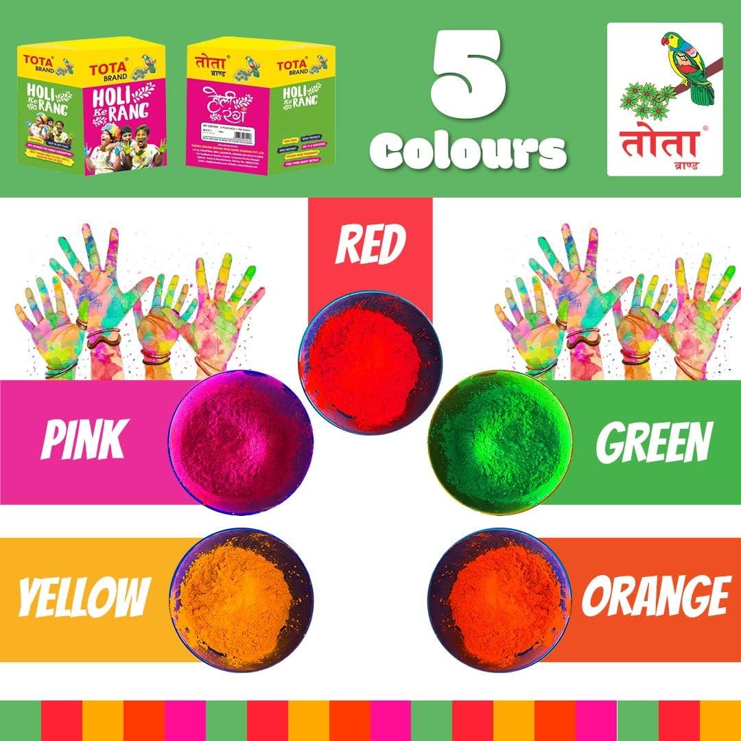 TOTA Holi Ke Rang Ð 5 Shades of Gulal Holi Colours for Gender Reveal | Red Orange Green Yellow Pink | 100% NonToxic Herbal Holi Color Gift Box Ð 375 Gm
