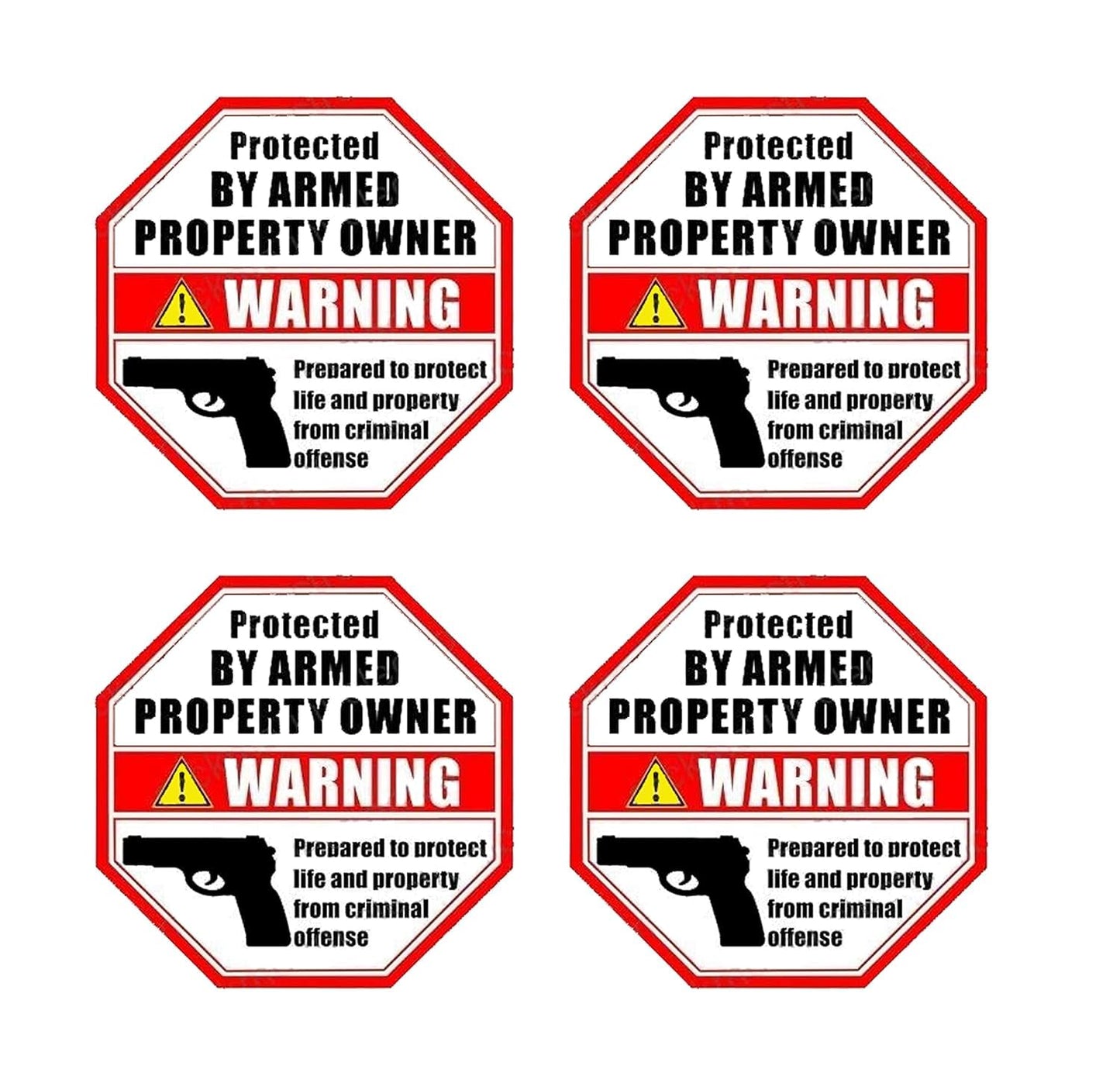 eSplanade PROTECTED BY ARMED PROPERTY OWNER - Gun Handgun Warning Signs (4 Pack) Size 3.5" x 3.5" - Home Business Window Door Alert Sticker Decals