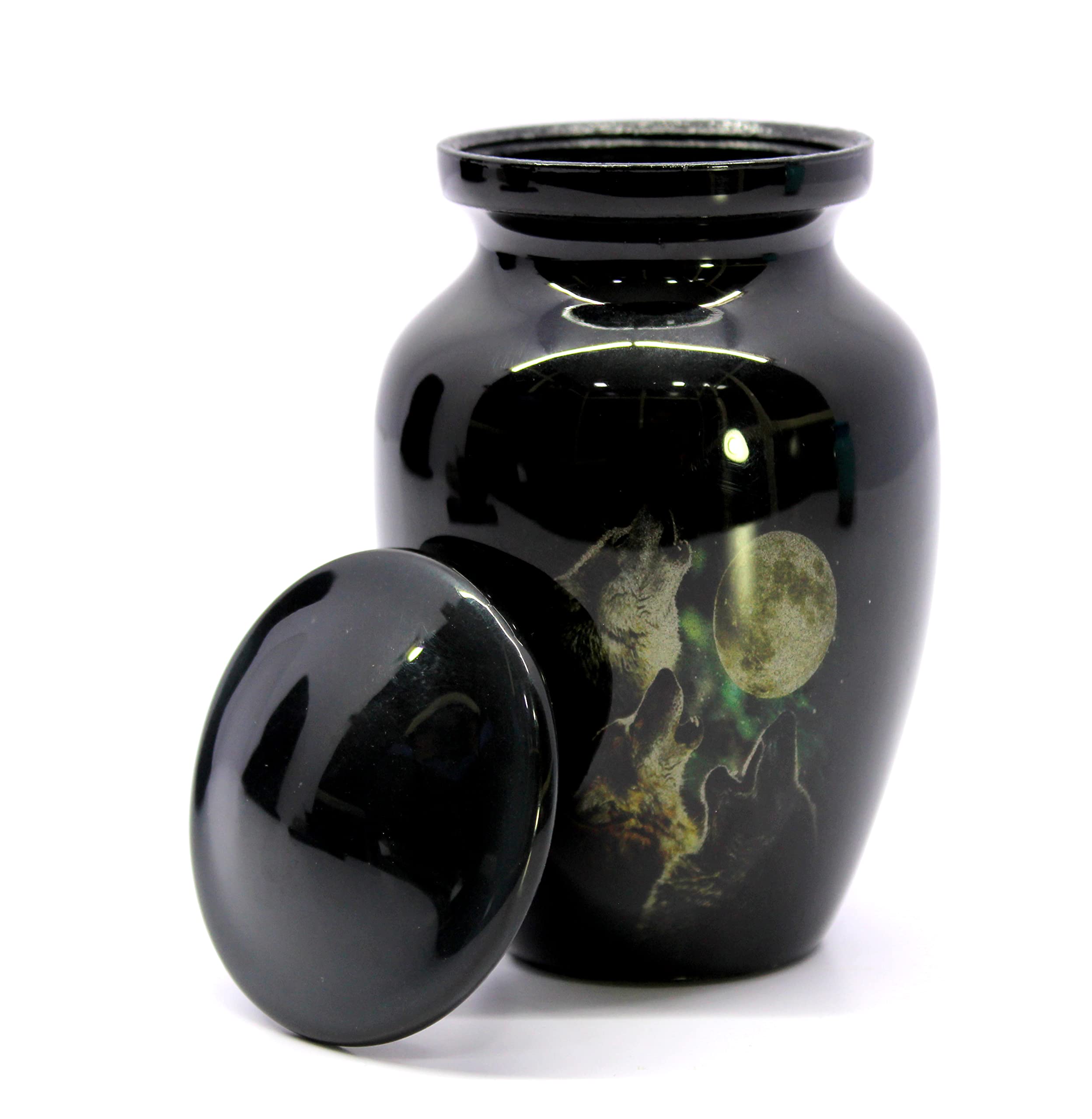 eSplanade Mini Cremation Urn Memorial Jar Pot Container | Small Metal Urn for Funeral Ashes Burial | Wolves with Moon Printed Metal Keepsake | Black - 4.5" Inches