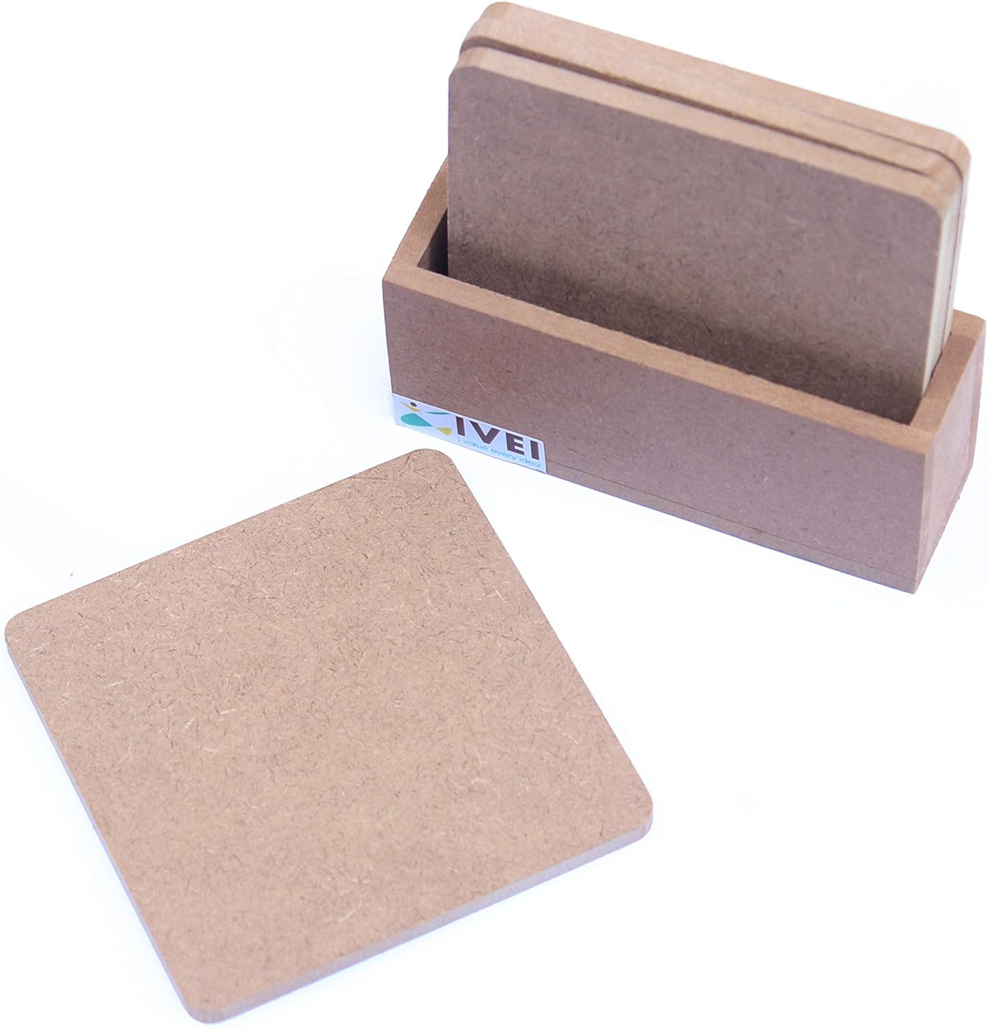IVEI MDF DIY Square Coasters with Holder - MDF Plain Wooden Coasters & Holder Blank Cutouts for Painting Wooden Sheet Craft, Decoupage, Resin Art Work & Decoration - Set of 4 (3.5in X 3.5in)
