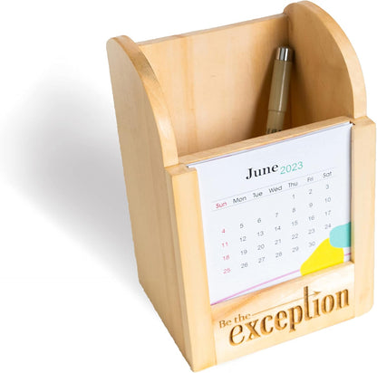 IVEI Wooden Pen Stand with Paper Calendar - Desk Organizer - Utility Desk Calendar - Wooden Calendar Set for Desk Decor, Study Room - Calendar with Pen Stand for Office, School, Home