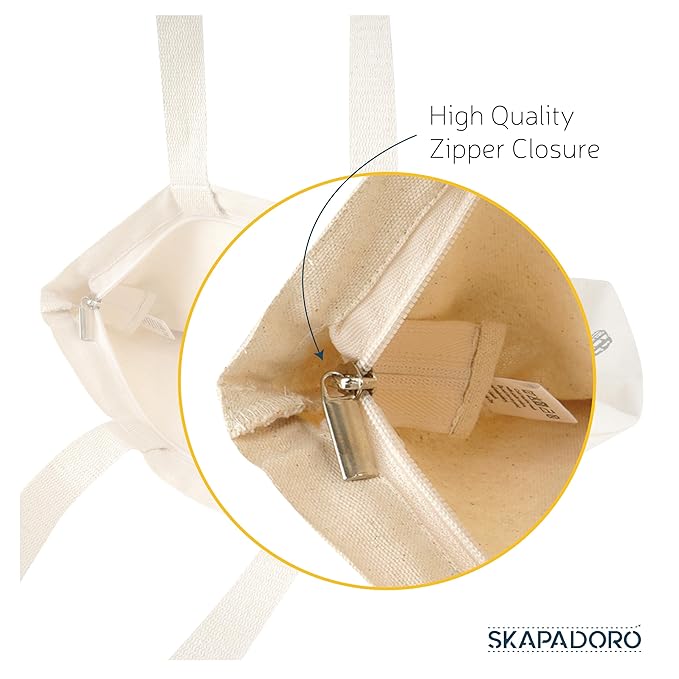 SKAPADORO, Canvas Zip Tote - 100% Cotton, Ecofriendly Printed Tote Bags For Travel, College & Beach, Shopping, Grocery, Easy to Wash Trendy Everyday Shoulder Bag