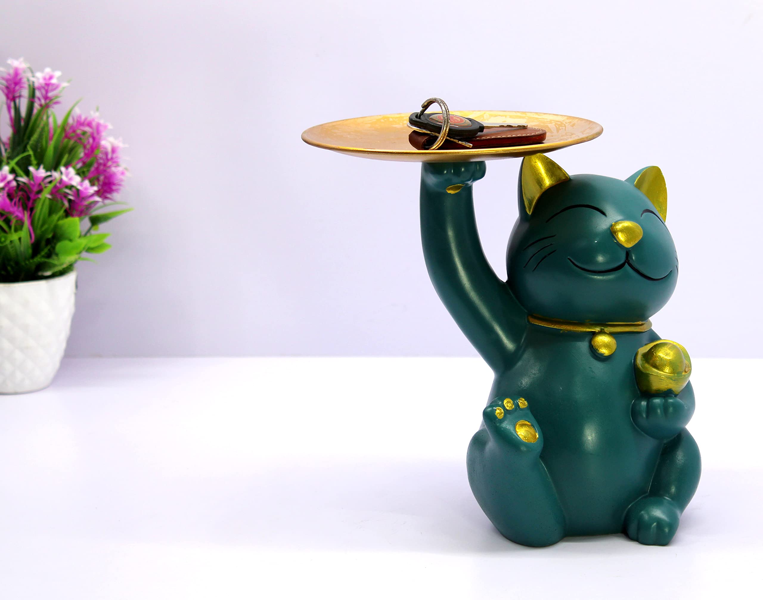 eSplanade Cat Holding Golden Plate Showpiece Statue Sculpture Figurine | Home Decor Resin - 8.5" Inches - Green-Golden