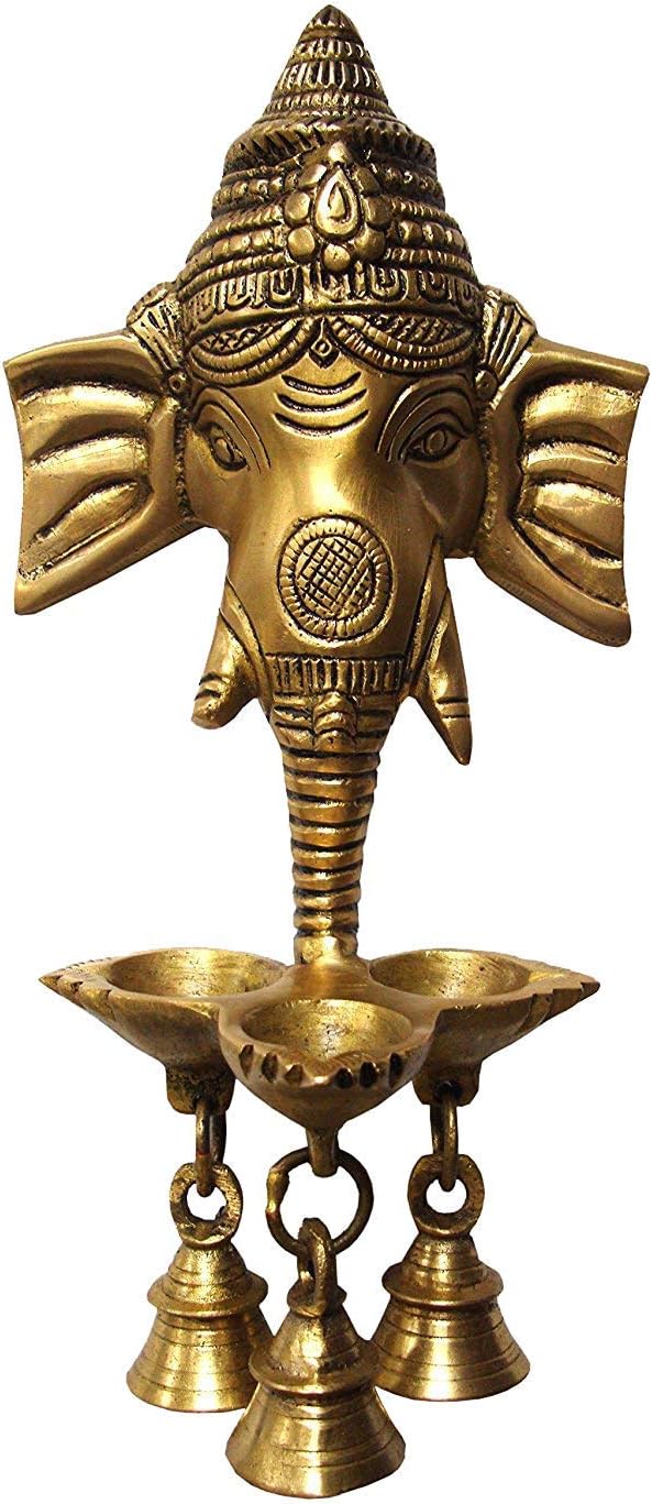 eSplanade - 9.5" Brass Ganesha Ganesh Ganpati Wall Hanging Deepak With Bells | Brass Diya |