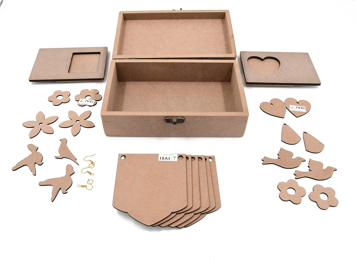 IVEI DIY MDF Box Pack with 2 Pair Earrings, Cut Outs, Toran and 2 Photo Magnet