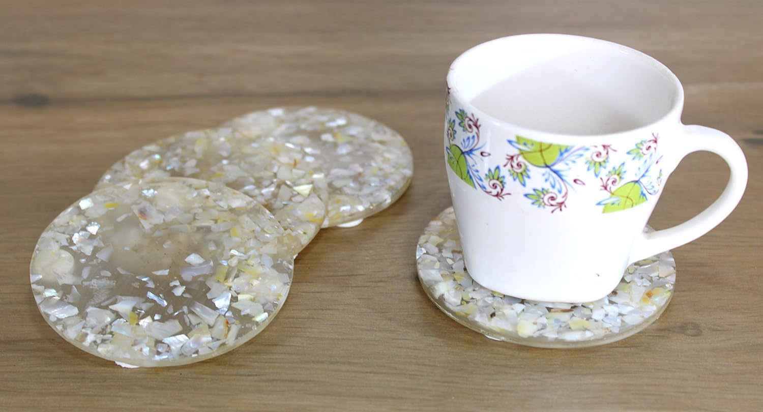KLEO Mother of Pearl Coaster Set - Table Coaster set (Set of 4) | Coasters Bar Beer Coffee Tea Coasters