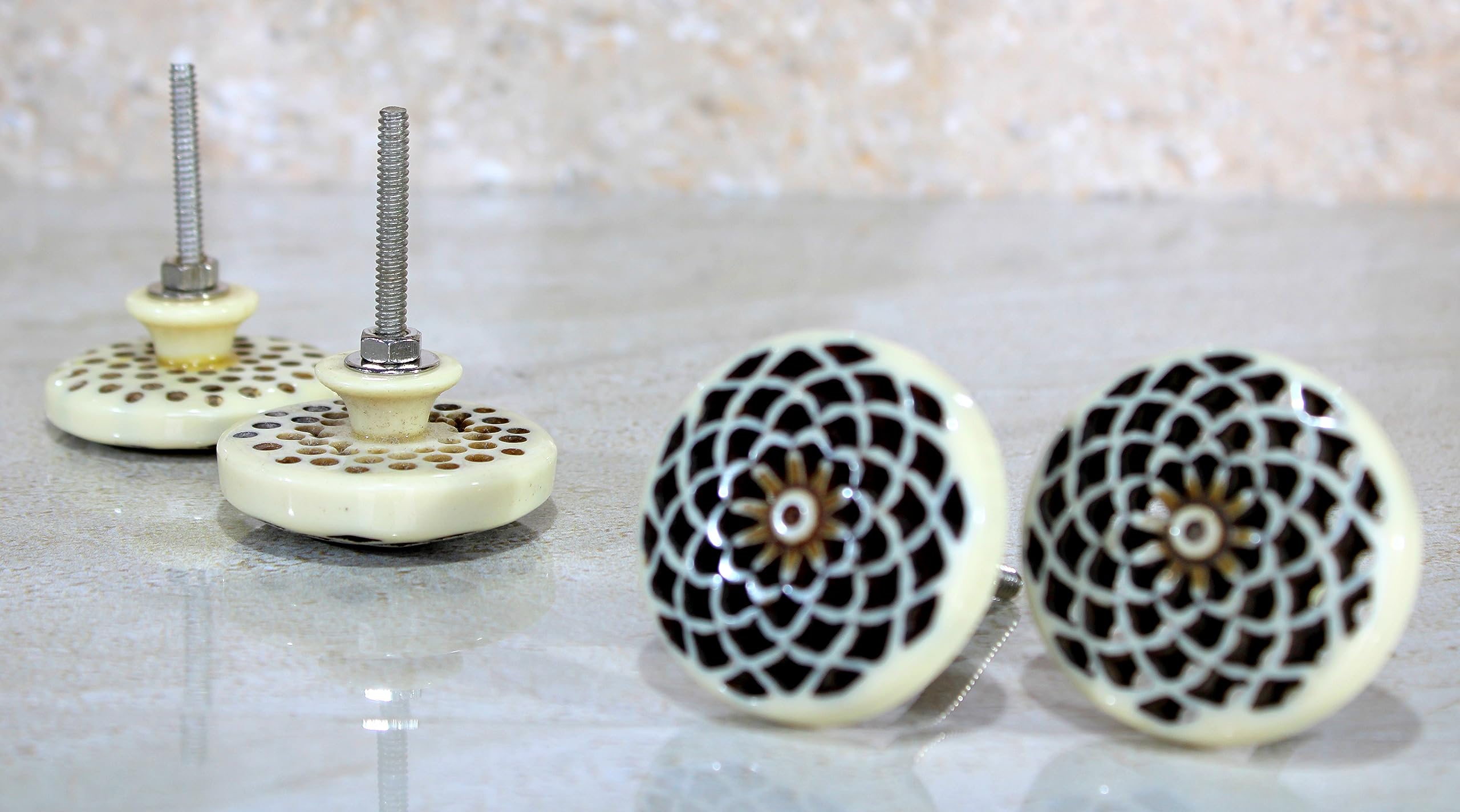 eSplanade Cupboard Cabinet Door Decorative Knobs - Set of 4 | Drawer Handles Cupboard Pulls Almirah Hooks | Round-Floral - Acrylic Plastic - Diameter 4 cms - White-Black (Floral Knob 1-12)