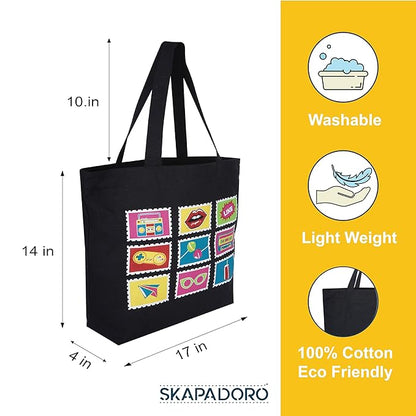 SKAPADORO Canvas Big Zip Printed Handbag Tote,100% Cotton, Inner pocket, Ecofriendly Bag for Women, Travel College Beach Shopping, Easy to Wash Everyday Shoulder Bag - Quirky Desi Graphic Designs