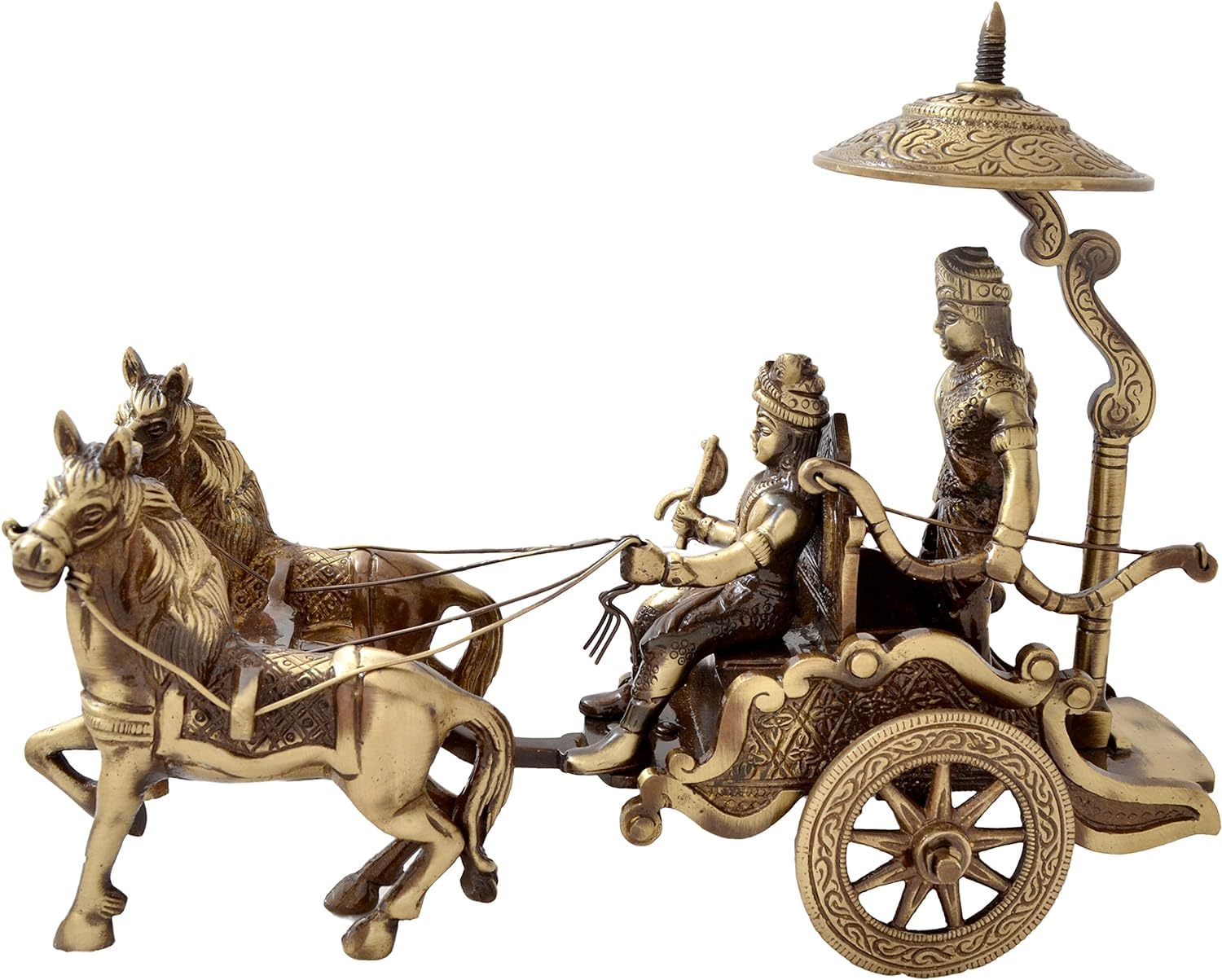 eSplanade Brass Krishna Arjuna Rath Chariot Horses Showpiece | Home Decor | Krishna Arjun Updesh | Gita Saransh (2 & 4 Horse Rath)
