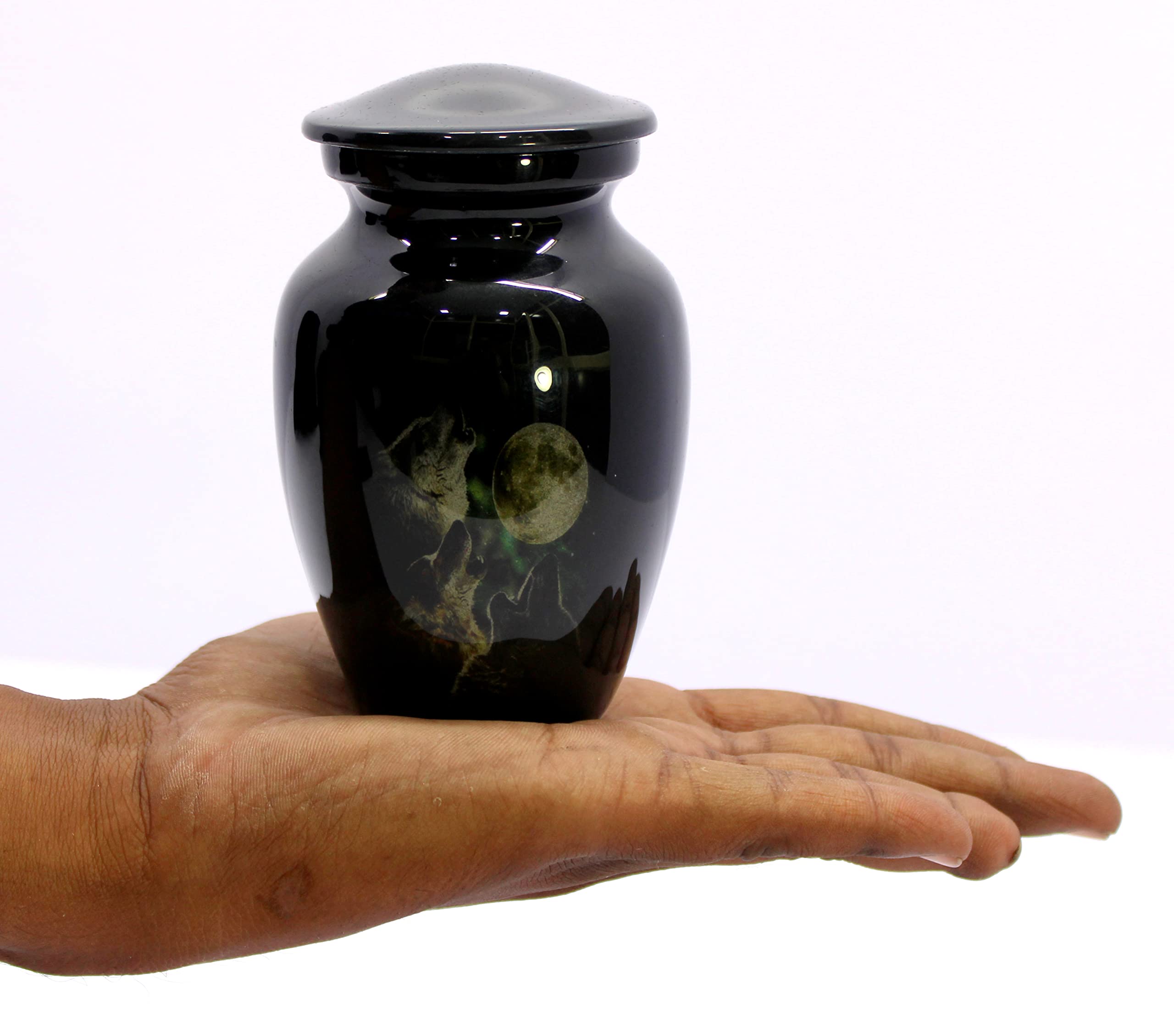 eSplanade Mini Cremation Urn Memorial Jar Pot Container | Small Metal Urn for Funeral Ashes Burial | Wolves with Moon Printed Metal Keepsake | Black - 4.5" Inches