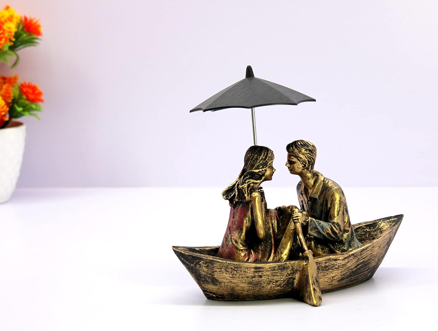 Esplanade Resin Love Couple with Umbrella on Boat Showpiece - Golden - 8.5" Inches (Length)
