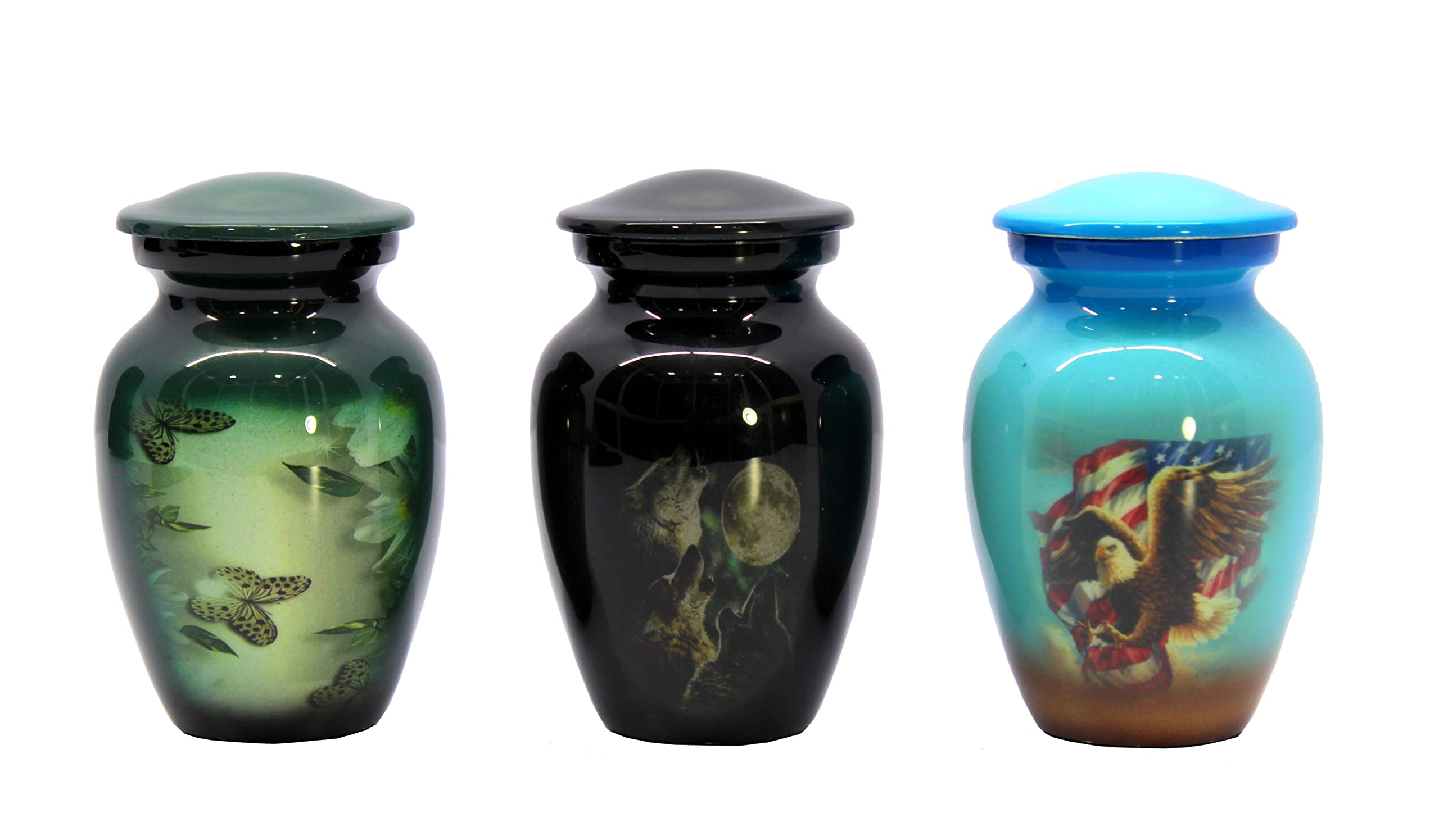 eSplanade Metal Mini Cremation Urn Keepsake Memorial Jar Pot Container - Set of 3 | Small Urns for Funeral Ashes Burial | Multi Printed Metal Keepsakes | Multicolor - 3" Inches