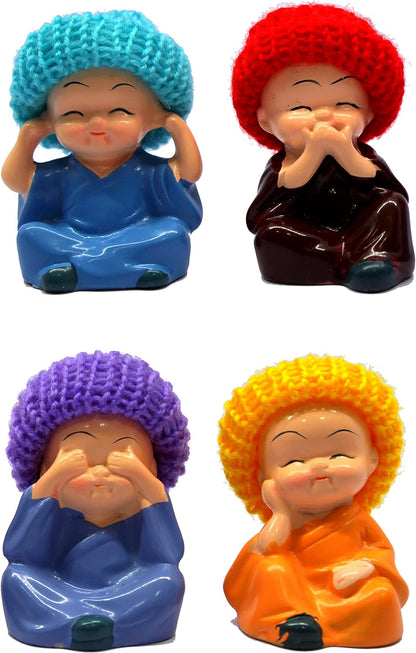 eSplanade Resin Smiling Happy Baby Buddha Monk Statues | Feng Shui Monk Figurine Showpieces - Set of 4 - Home Decor