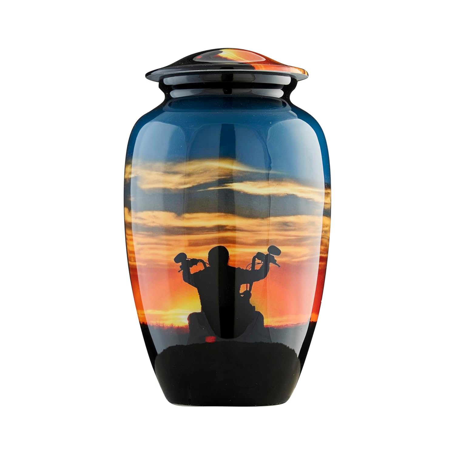 Esplanade Metal Urn for Ashes Adult Male Female – 10" Cremation Urn for Human Ashes, Full Size Large Urn, Sunset Orange Blue ERN with Bike, Funeral Vase with Velvet Bag - for 80kg Adult
