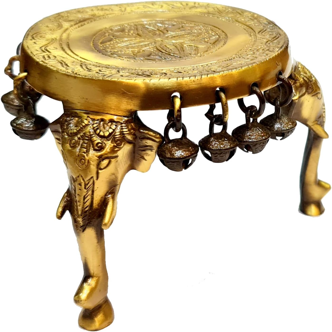 eSplanade Brass Round Mandir Chowki | Elephant Pillars Pooja God Stool with Ghungroo