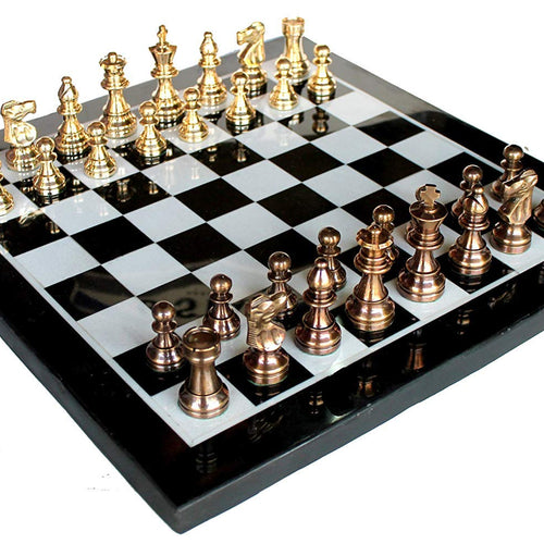 StonKraft Collectible Black & White Marble Chess Board Set + Brass Crafted Chess Pieces Pawns - Decorative Stone Chess - Home Decor - 15