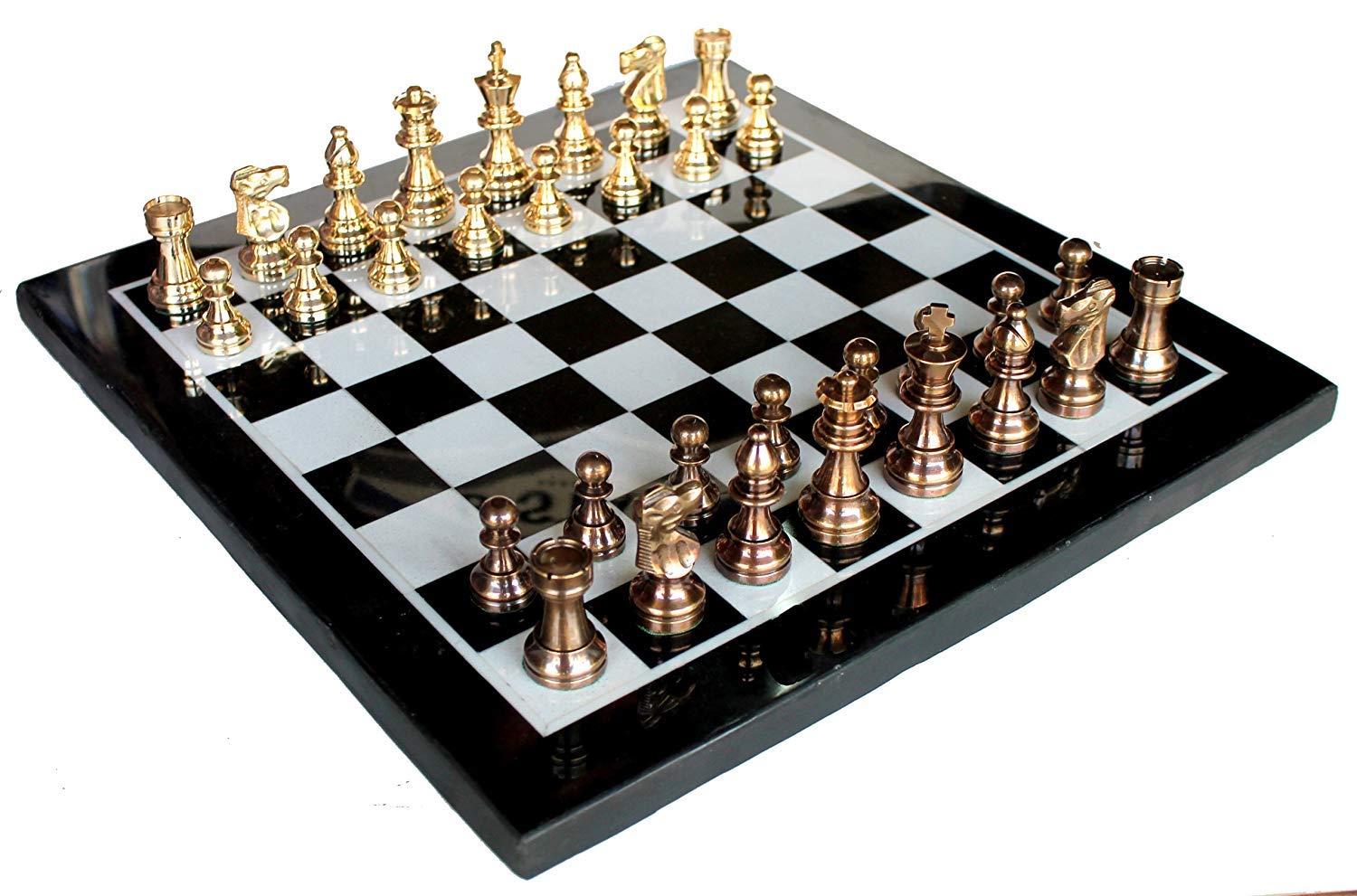 StonKraft Collectible Black & White Marble Chess Board Set + Brass Crafted Chess Pieces Pawns - Decorative Stone Chess - Home Decor - 15" Inches