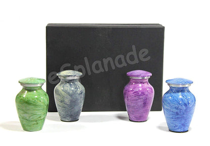 eSplanade Metal Mini Cremation Urn Keepsake Memorial Jar Pot Container - Set of 4 | Small Urns for Funeral Ashes Burial | Engraved and Textured Keepsakes | Blue - 3" Inches