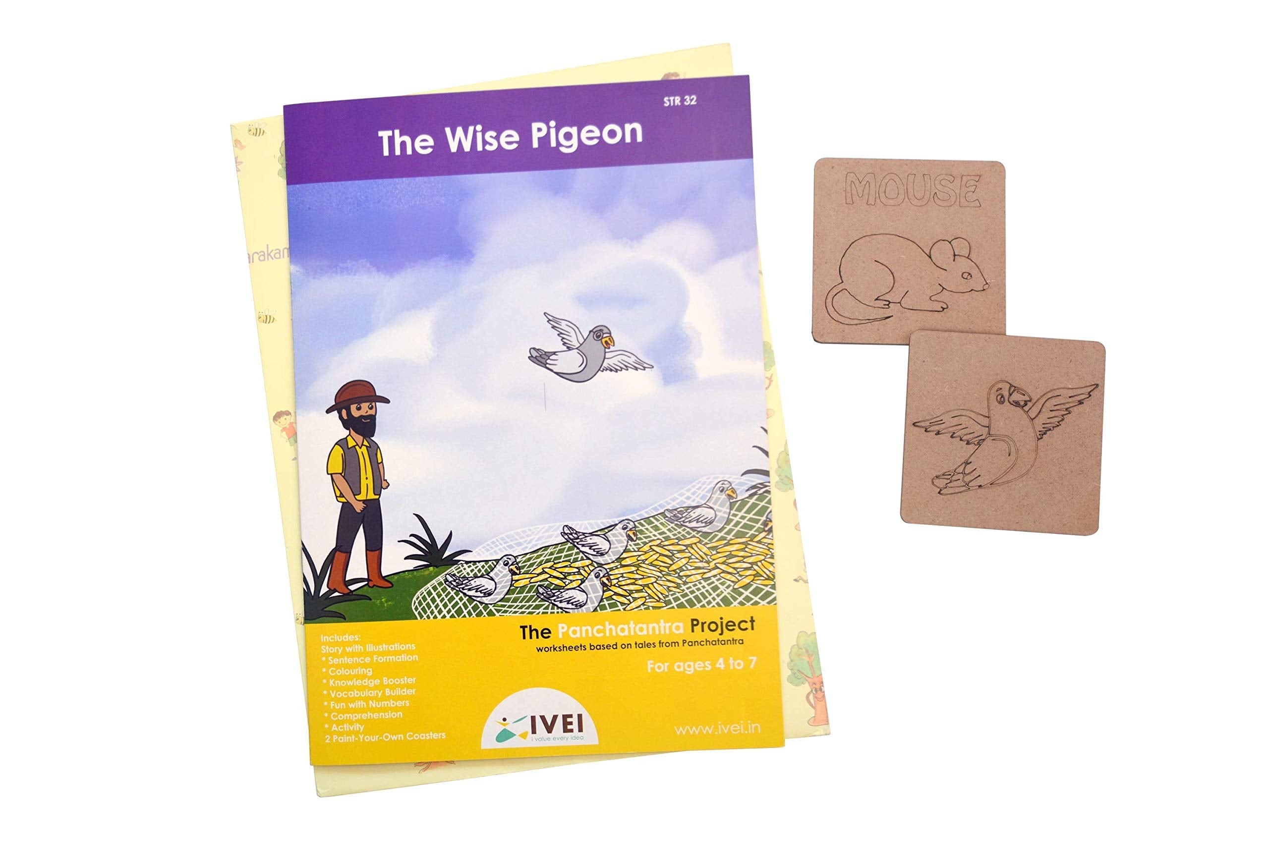 IVEI Panchatantra Kids Learning Book - Workbook and 2 DIY Bookmarks of Panchatantra Story - Colouring Activity Worksheets - Creative Fun Activity and Education For Kids - Four Friends And A Hunter