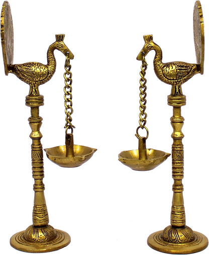 eSplanade Brass Peacock Diya Pair Oil Lamp Diya Deepam Kuthu Vilakku (Set of 2) for Temple Home | Pooja Articles - Home Decor | Golden - 9" Inches