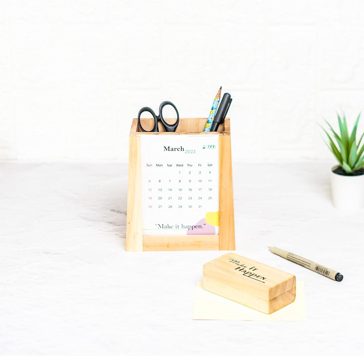 IVEI Desk Calendar with Organizer and Paper Weight | Wood Desk Pen Pencil Holder Stand Multi Purpose Use Pencil Cup with Calendar and Flat Wooden Paper Weight | Fresh themed Calendar