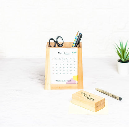 IVEI Desk Calendar with Organizer and Paper Weight | Wood Desk Pen Pencil Holder Stand Multi Purpose Use Pencil Cup with Calendar and Flat Wooden Paper Weight | Fresh themed Calendar