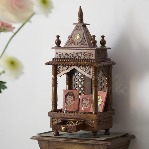 ESPLANADE Beautiful Wooden Mandir for Home, Engraved Temple for Home with Storage Drawer, Puja Mandir Stand, Pooja Items for Pooja Room,Temple for Office, Brown