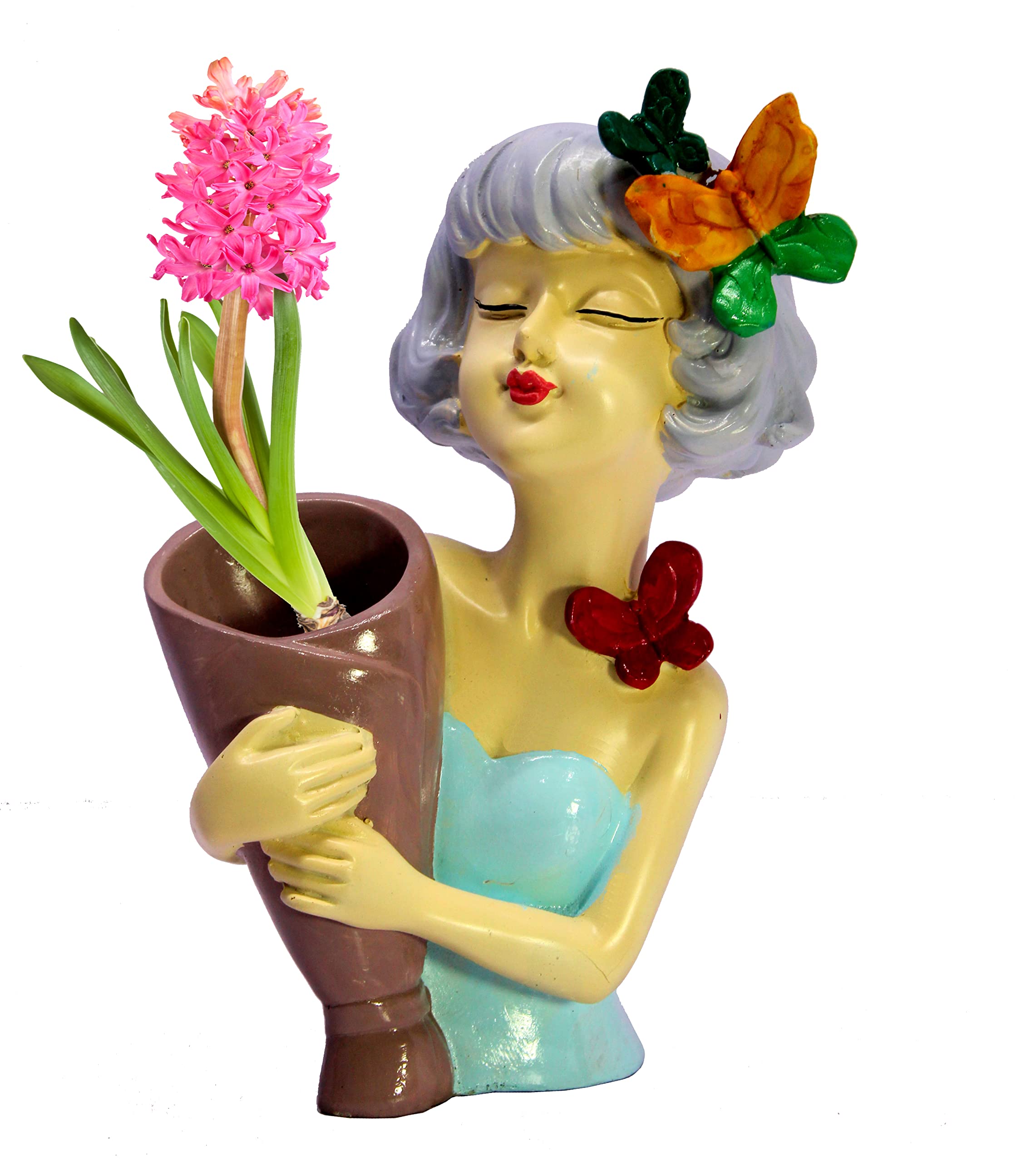 eSplanade Resin Lady Girl with Flower Vase Pot Showpiece Statue Sculpture Figurine - Multicolor - 9" Inches
