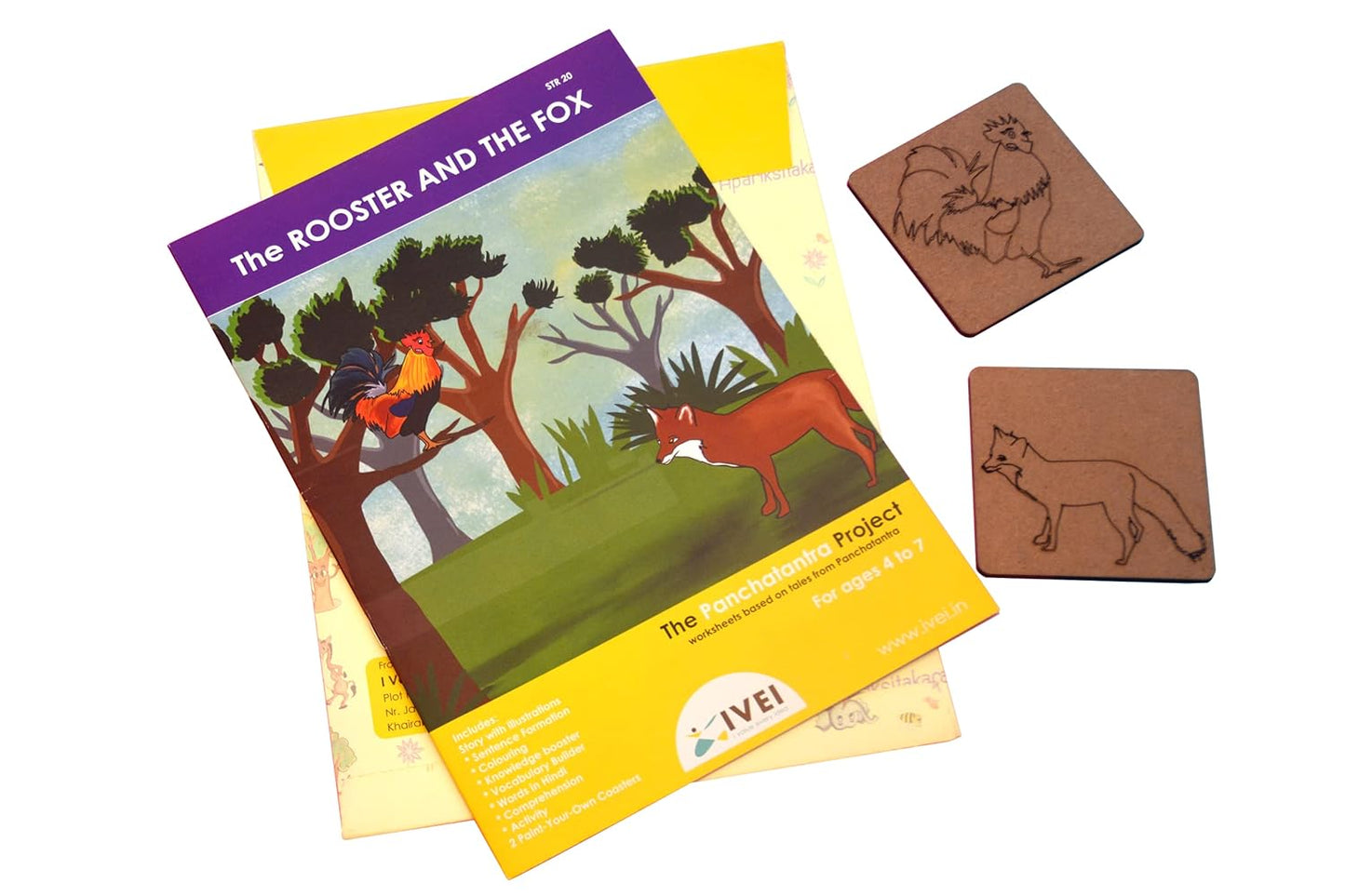 IVEI Panchatantra Kids Learning Book - Workbook and 2 DIY coasters of Panchatantra Story - Colouring Activity Worksheets - Creative Fun Activity and Education For Kids - The Rooster and the Fox