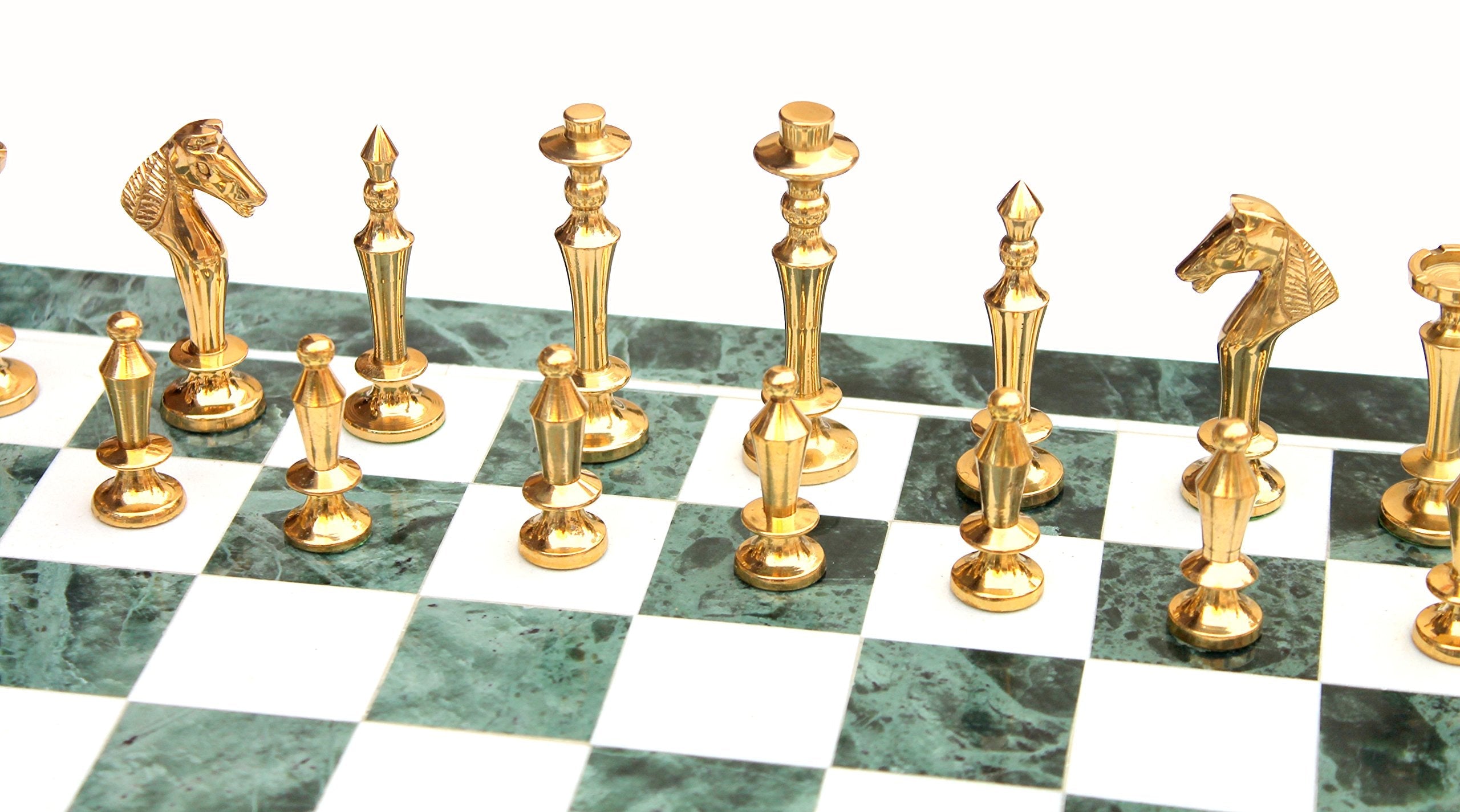StonKraft Collectible Green Marble Chess Board Set + Brass Wooden Combo Pieces Pawns - Decorative Stone Chess - Home Decor