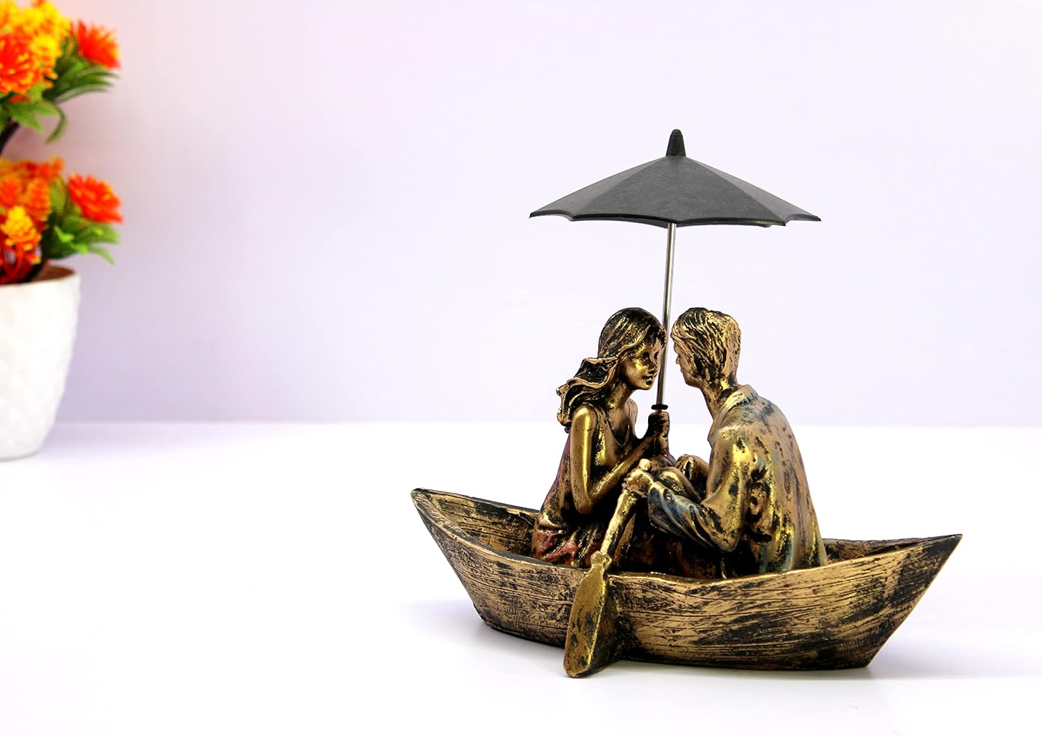 Esplanade Resin Love Couple with Umbrella on Boat Showpiece - Golden - 8.5" Inches (Length)
