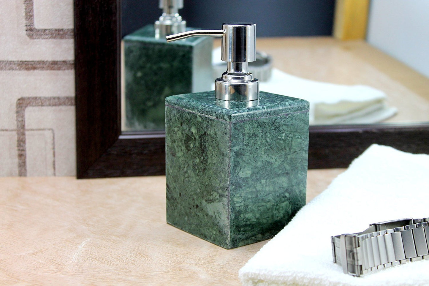 KLEO Soap Dispenser Lotion Dispenser - Made of Natural Stone in Brown Green Black White Color - Bathroom Accessories Bath Set (Brown Square)