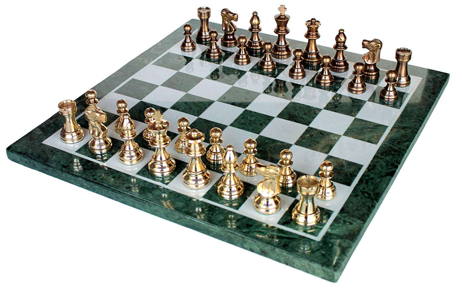 StonKraft Collectible Green Marble Chess Board Set + Brass Crafted Pieces Pawns - Decorative Stone Chess - Home DŽcor - 15" Inches