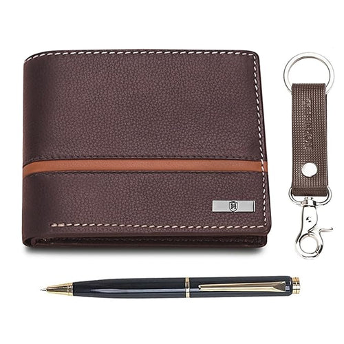 HORNBULL Denial Brown Mens Leather Wallet Combo Gift Set | Leather Wallet, Key Ring & Pen Combo Valentine Gift Hamper | Branded Mens Wallet