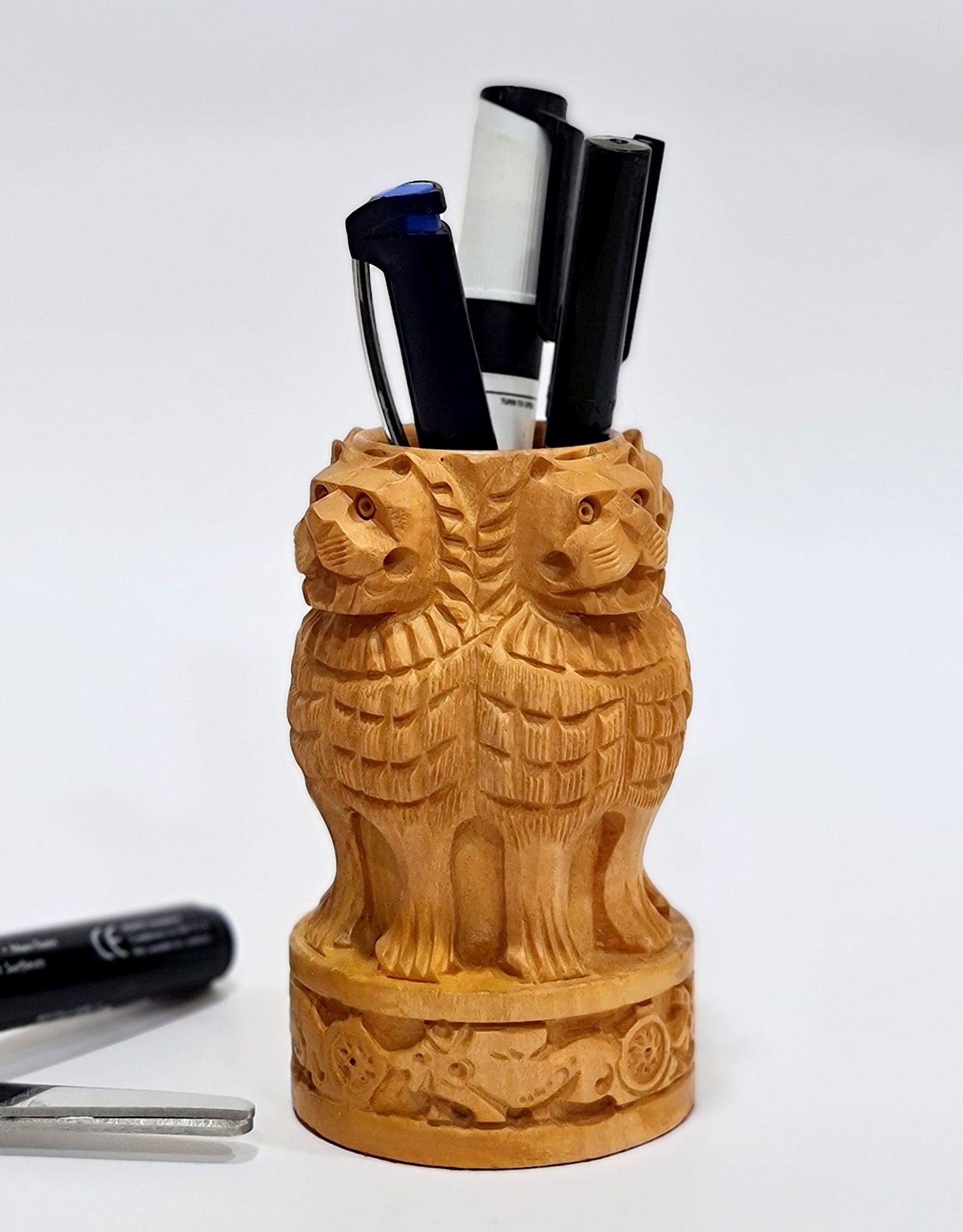 eSplanade Wooden Ashok Stambh/Ashoka Stambh (Stoop) Pillar - Pen Stand | National Emblem India Memento Statue Showpiece - Gift for Home Decorative, Office, Table Decoration (4 Inch Pen Stand)