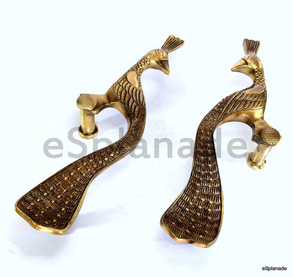 eSplanade - Designer Pair of Brass Door Handles (2 pcs) | Handle-sets | Door Decor | Brass Door Pulls - Peacock Shaped (8" Inches)