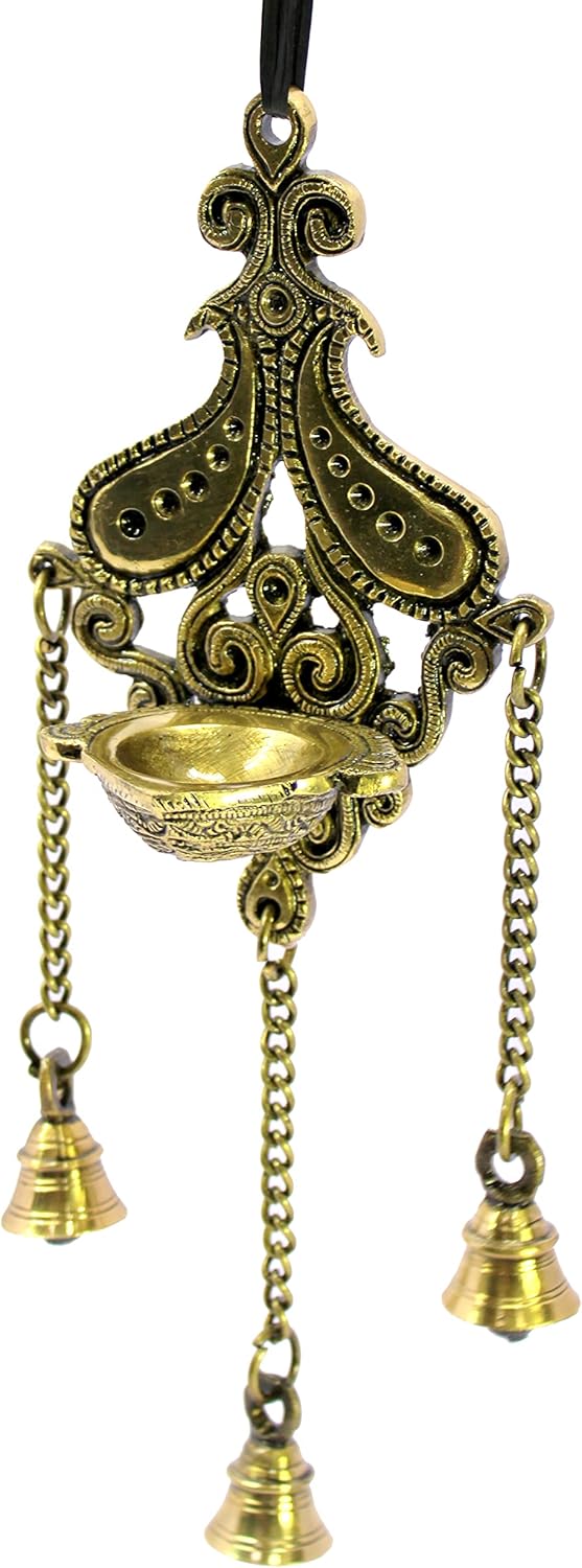 ESPLANADE Brass Diya with Bells Wall Hanging for Decoration and Illumination | Brass Deepak Wall Hanging - Wall / Home Decor | 12.5" Inches - Golden
