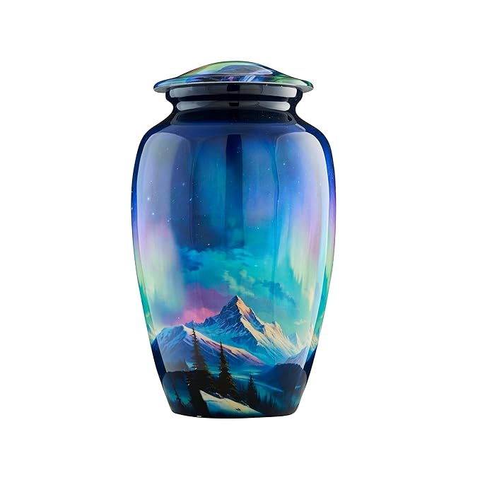 Esplanade Metal Urn for Ashes Adult Male Female – 10" Cremation Urn for Human Ashes, Full Size Large Urn, Aurora Northern Lights Forest Blue Colour, Funeral Vase with Velvet Bag - for 80kg Adult