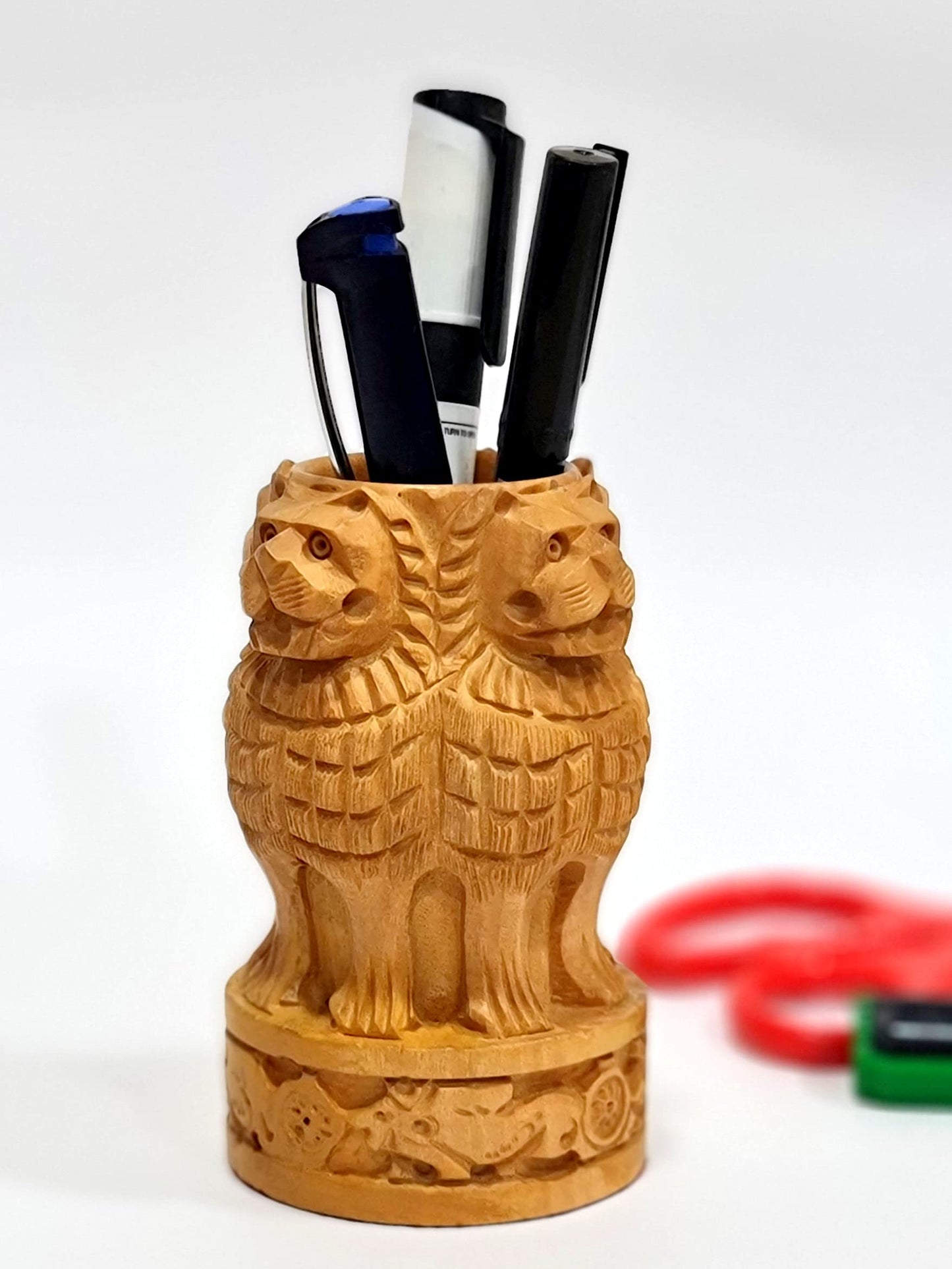 eSplanade Wooden Ashok Stambh/Ashoka Stambh (Stoop) Pillar - Pen Stand | National Emblem India Memento Statue Showpiece - Gift for Home Decorative, Office, Table Decoration (4 Inch Pen Stand)