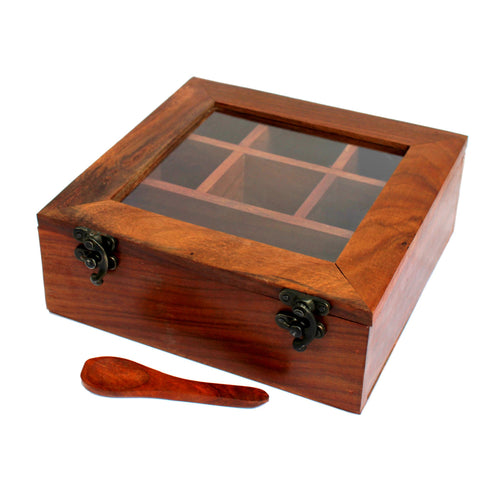 ESPLANADE Wooden Masala Daani with Transparent Top | Kitchen Set with Wooden Spoon - – Brown | Wooden Decorative | Organizer (Dark Brown)