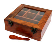 ESPLANADE Wooden Masala Daani with Transparent Top | Kitchen Set with Wooden Spoon - – Brown | Wooden Decorative | Organizer (Dark Brown)