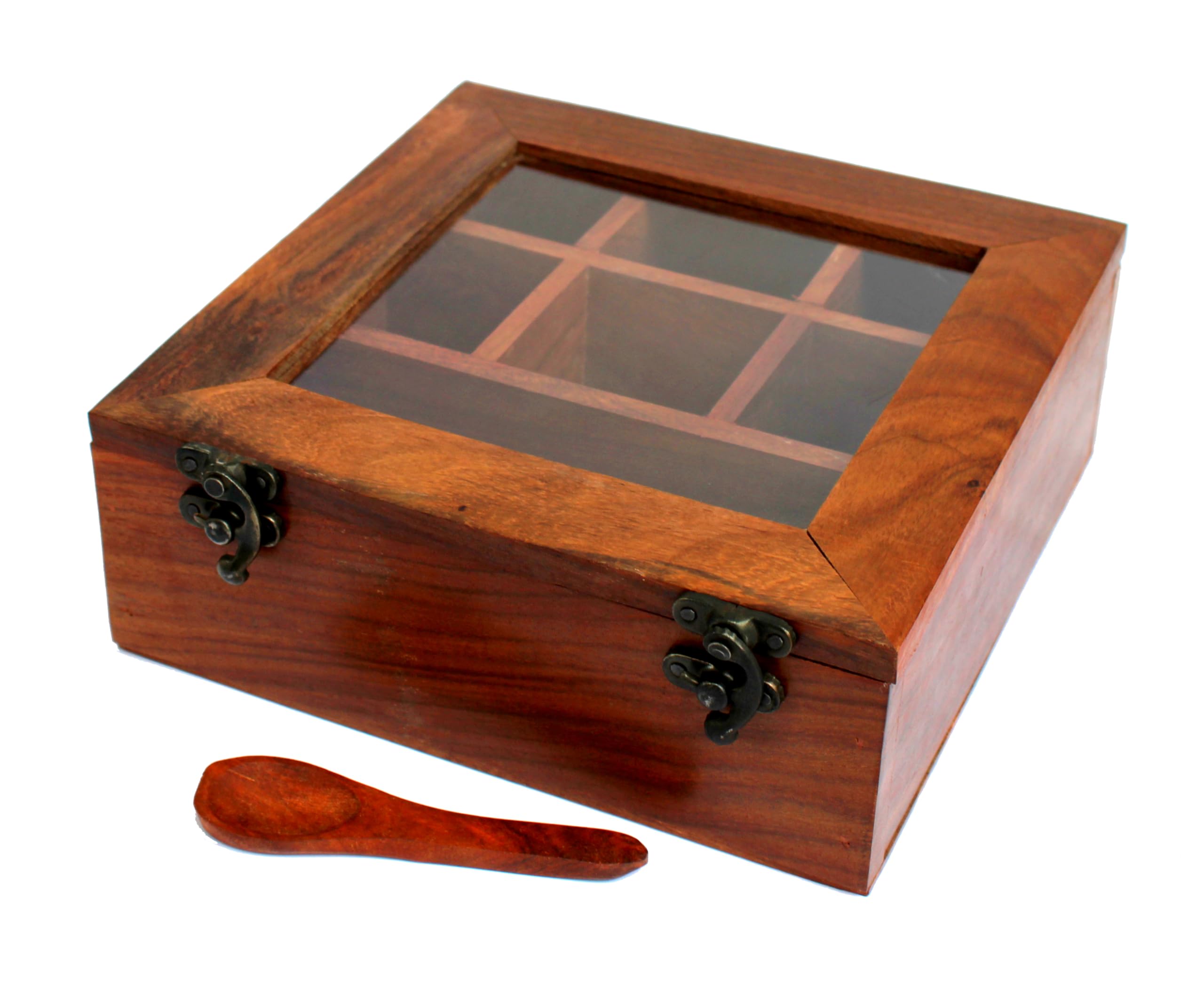 ESPLANADE Wooden Masala Daani with Transparent Top | Kitchen Set with Wooden Spoon - – Brown | Wooden Decorative | Organizer (Dark Brown)