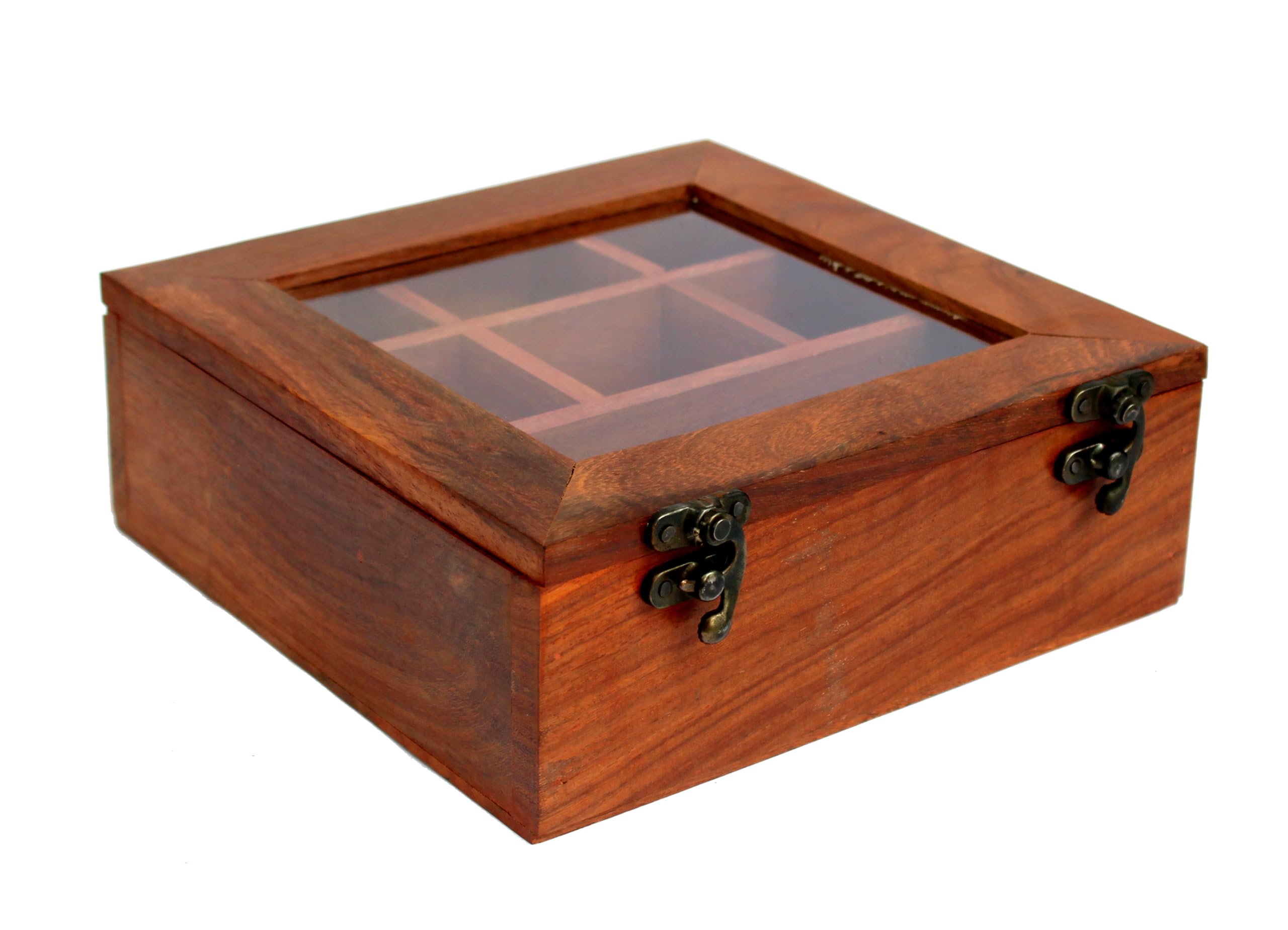 ESPLANADE Wooden Masala Daani with Transparent Top | Kitchen Set with Wooden Spoon - – Brown | Wooden Decorative | Organizer (Dark Brown)