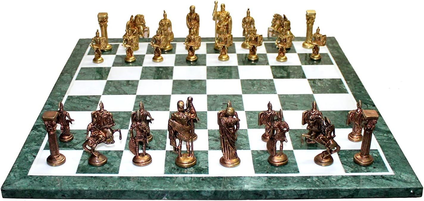 StonKraft Collectible Green Marble Chess Board Set + Brass Roman Chess Pieces Pawns - Decorative Stone Chess - Home Decor - 20" Inches