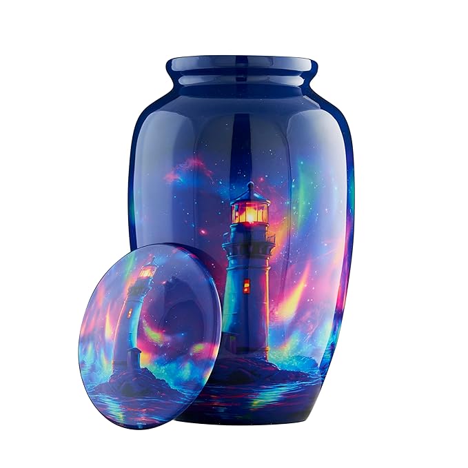 Esplanade Metal Urn for Ashes Adult Male Female – 10" Cremation Urn for Human Ashes, Full Size Large Urn, Aurora Northern Lights Lighthouse Blue Colour, Funeral Vase with Velvet Bag - for 80kg Adult