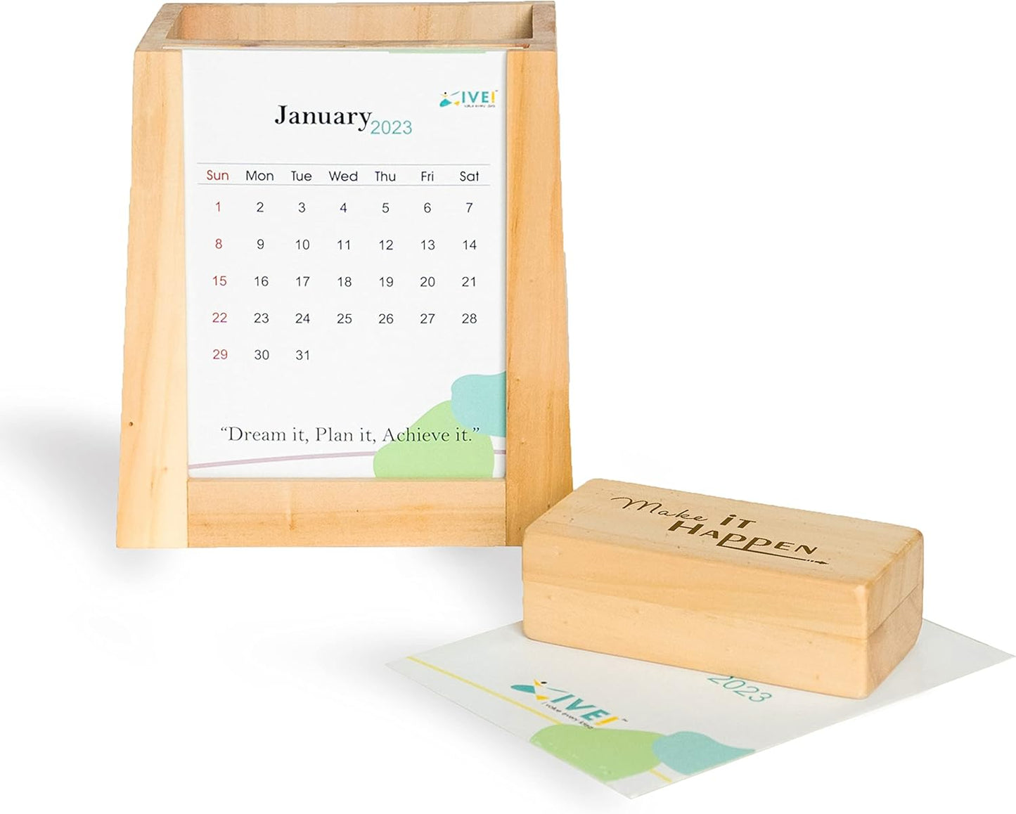 IVEI Desk Calendar with Organizer and Paper Weight | Wood Desk Pen Pencil Holder Stand Multi Purpose Use Pencil Cup with Calendar and Flat Wooden Paper Weight | Fresh themed Calendar