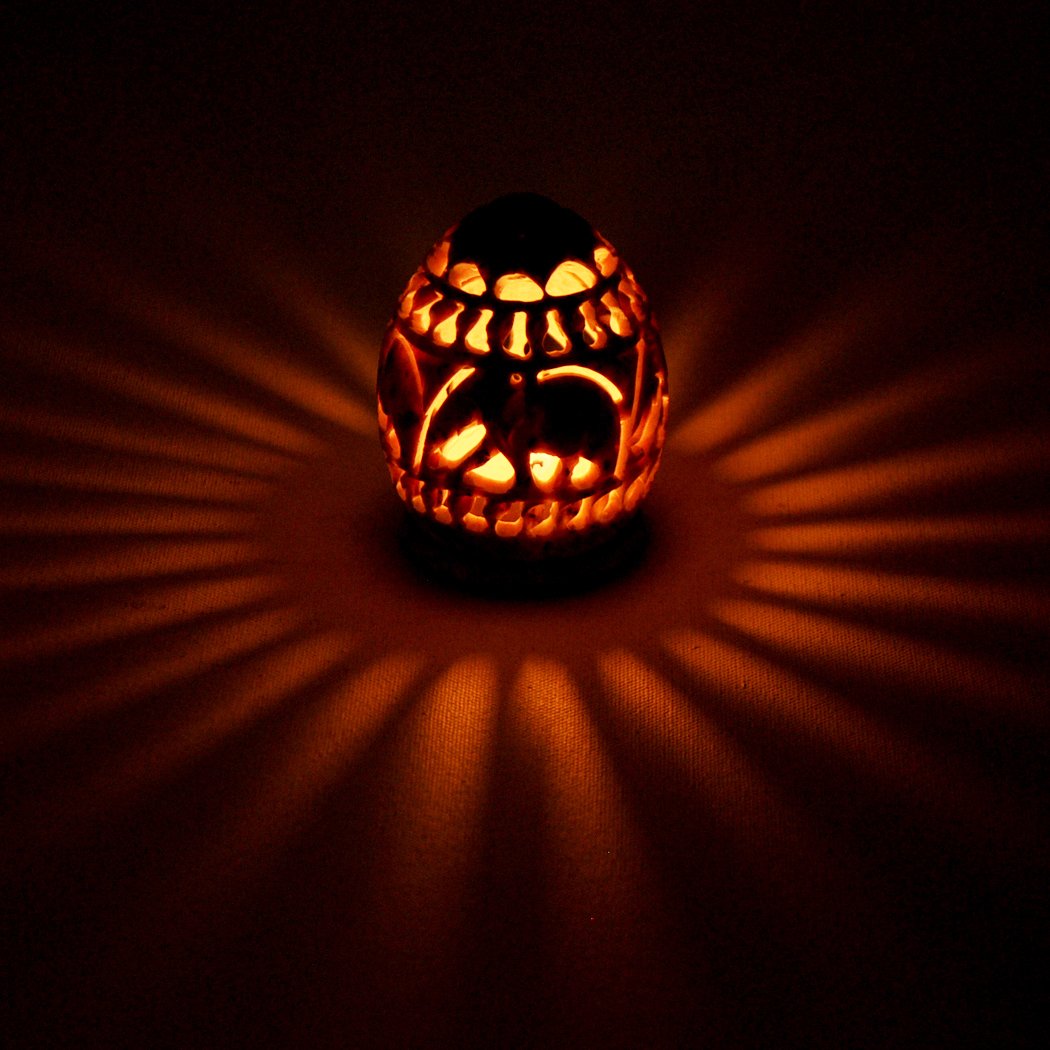 Esplanade Soapstone Candle, Tealight, Votive Holder Sculpture with Elephant Figures and Tendrils Carved on The Side and a Rosette on The Top (Small - Appx. 3 X 2.5 in)