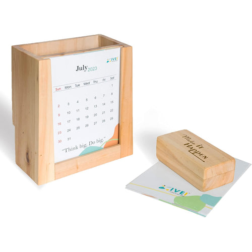IVEI Desk Calendar with Organizer and Paper Weight | Wood Desk Pen Pencil Holder Stand Multi Purpose Use Pencil Cup with Calendar and Flat Wooden Paper Weight | Fresh themed Calendar